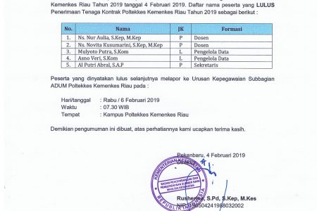PENGUMUMAN KELULUSAN PENERIMAAN TENAGA KONTRAK POLTEKKES RIAU TAHUN 2019