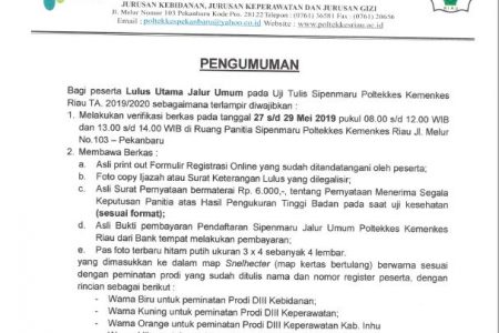 PENGUMUMAN LULUS UJI TULIS SIPENMARU POLTEKKES KEMENKES RIAU TA.2019/2020