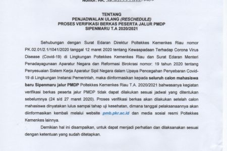 PENJADWALAN ULANG (RESCHEDULE) PROSES VERIFIKASI BERKAS PESERTA JALUR PMDP SIPENMARU T.A 2020/2021