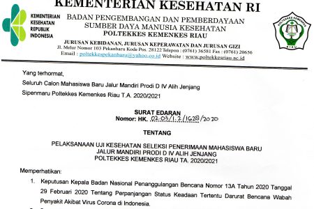 Pengumuman Pelaksanaan Ujian Kesehatan Jalur Mandiri Prodi D IV Alih Jenjang TA. 2020/2021