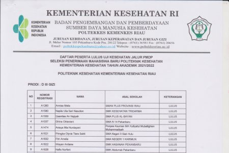 Pengumuman Lulus Tes Kesehatan Jalur PMDP Prodi Gizi