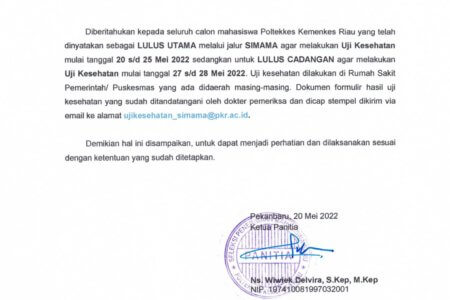 Pengemuman  Pelaksanaan Ujian Kesehatan Jalur SIMAMA