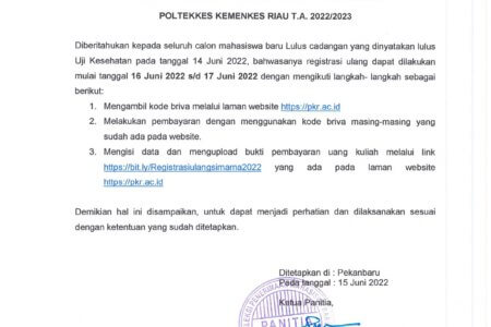JADWAL REGISTRASI ULANG MAHASISWA BARU CADANGAN LULUS UTAMA SELEKSI PENERIMAAN MAHASISWA BARU JALUR SIMAMA