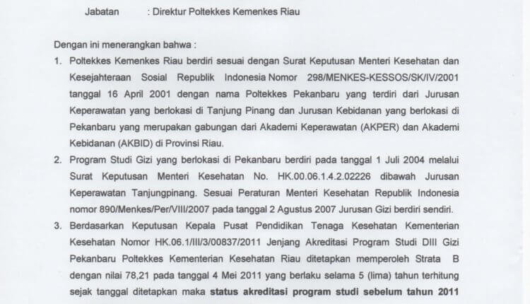 SURAT KETERANGAN DIREKTUR TENTANG AKREDITASI GIZI 2011