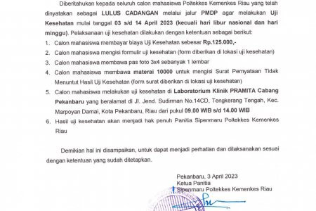 PENGUMUMAN PELAKSANAAN UJI KESEHATAN BAGI PESERTA LULUS CADANGAN JALUR PMDP
