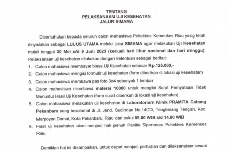 Jadwal Ujian Kesehatan Jalur SIMAMA