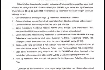 Pengumuman uji kesehatan jalur simami