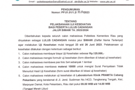 Pengumuman Ujian Kesehatan Bagi Cadangan Jalur SIMAMI