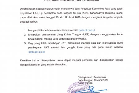 PENGUMUMAN JADWAL REGISTRASI ULANG CALON MAHASISWA BARU JALUR SIMAMA