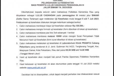 Pelaksanaan uji kesehatan bagi peserta lulus cadangan