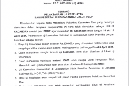 PELAKSANAAN UJI KESEHATAN BAGI PESERTA LULUS CADANGAN JALUR PMDP TA.2024/2025