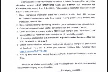 PENGUMUMAN UJI KESEHATAN CADANGAN SIMAMA