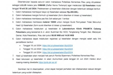 Pengumuman Pelaksanaan Uji Kesehatan SIMAMI 2024