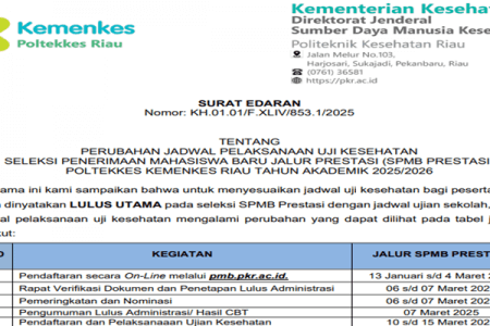 PENGUMUMAN PERUBAHAN JADWAL UJI KESEHATAN SPMB PRESTASI POLTEKKES KEMENKES RIAU TAHUN AKADEMIK 2025/2026