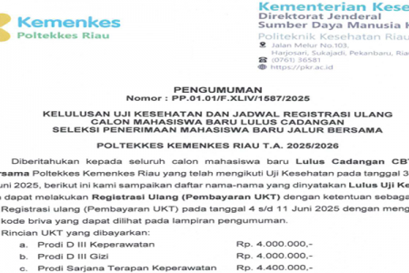 Pengumuman Kelulusan Ujian Kesehatan & Jadwal Registrasi Ulang Calon Mahasiswa Baru Lulus Cadangan Seleksi Penerimaan Mahasiswa Baru Jalur Bersama Poltekkes Kemenkes Riau T.A. 2025/2026