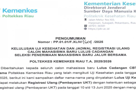 Pengumuman Kelulusan Uji Kesehatan Dan Jadwal Registrasi Ulang Calon Mahasiswa Baru Lulus Cadangan Seleksi Penerimaan Mahasiswa Baru Jalur Bersama Poltekkes Kemenkes Riau T.A. 2025/2026